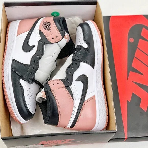 Nike Air Jordan 1 Retro High Og Black, White, And Rusty Pink Sneakers